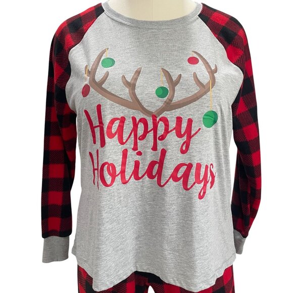 Happy Holidays Pajama Set 1X Buffalo Plaid Christmas Lounge Cozy Soft Winter - Picture 6 of 10